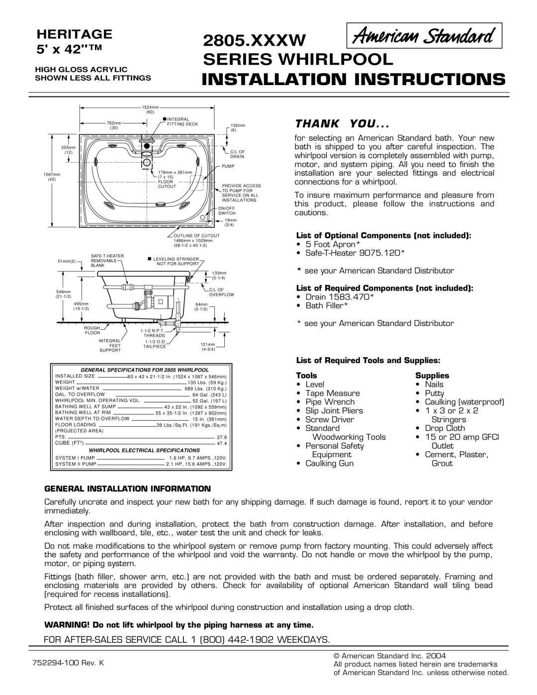 American Standard 2805.XXXW installation instructions Series Whirlpool Installation Instructions 