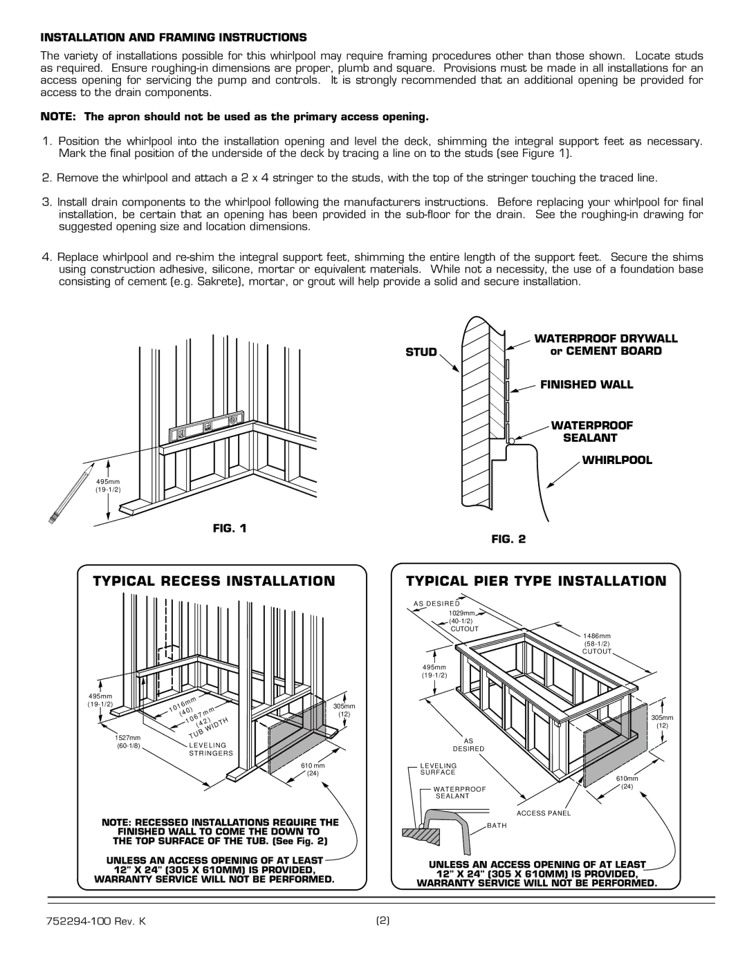 American Standard 2805.XXXW Installation and Framing Instructions, Waterproof Drywall, Stud, Finished Wall, Sealant 