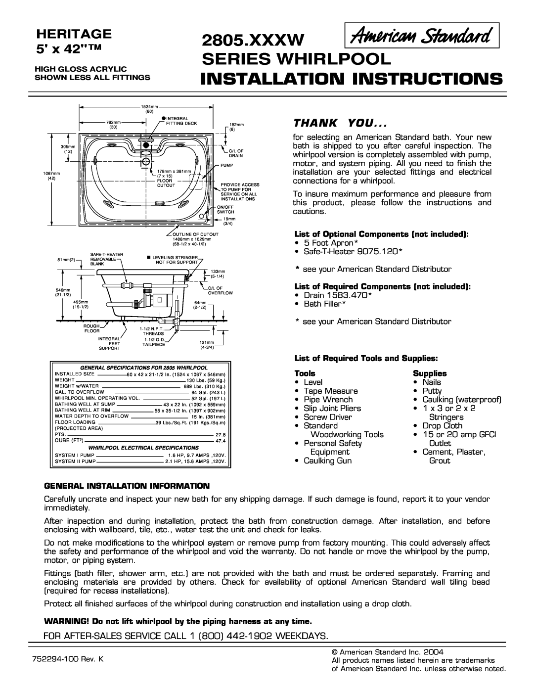 American Standard 2805.XXXW installation instructions Xxxw Series Whirlpool, Installation Instructions, Heritage, Tools 