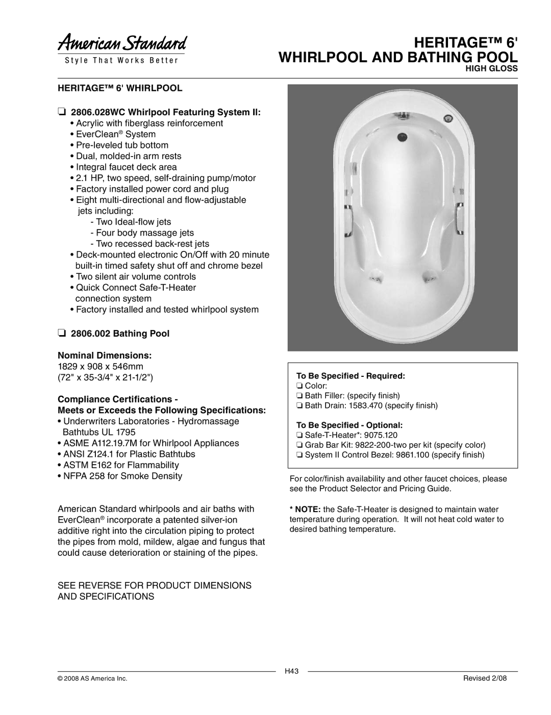 American Standard 2806.002 dimensions Heritage Whirlpool and Bathing Pool, Heritage 6 Whirlpool 