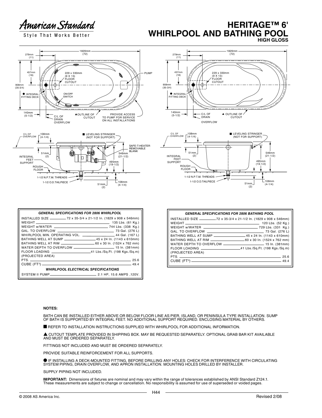 American Standard 2806.002 Cube FT3, General Specifications for 2806 Whirlpool, Whirlpool Electrical Specifications 