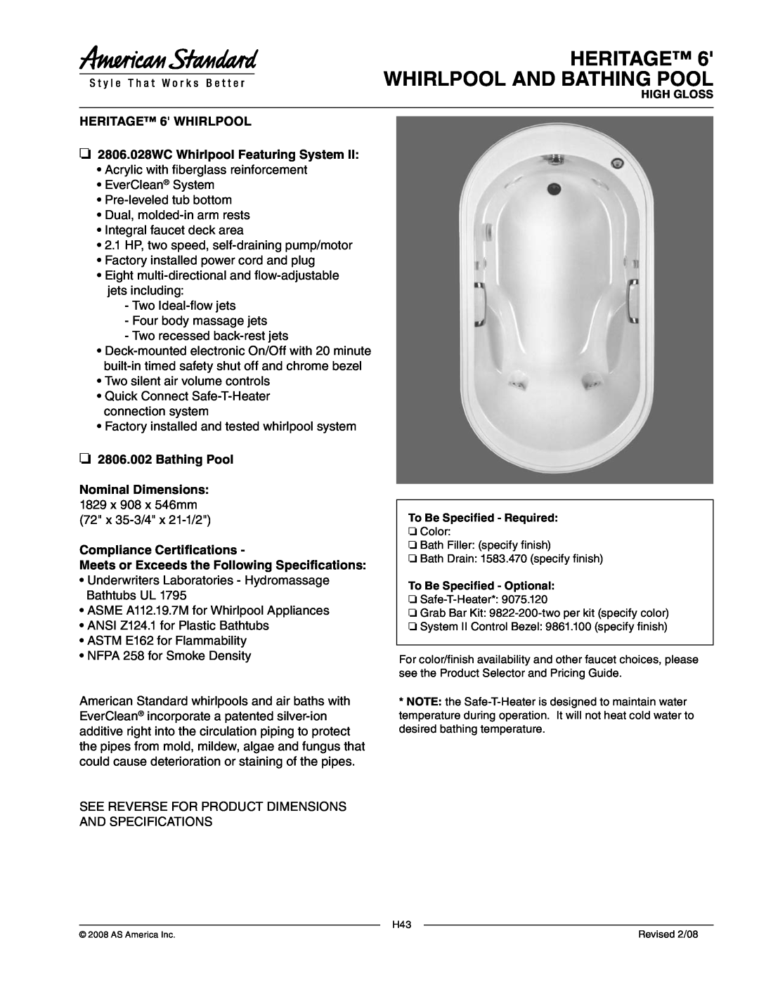 American Standard 2806.002 dimensions Heritage Whirlpool And Bathing Pool, Nominal Dimensions, Compliance Certifications 