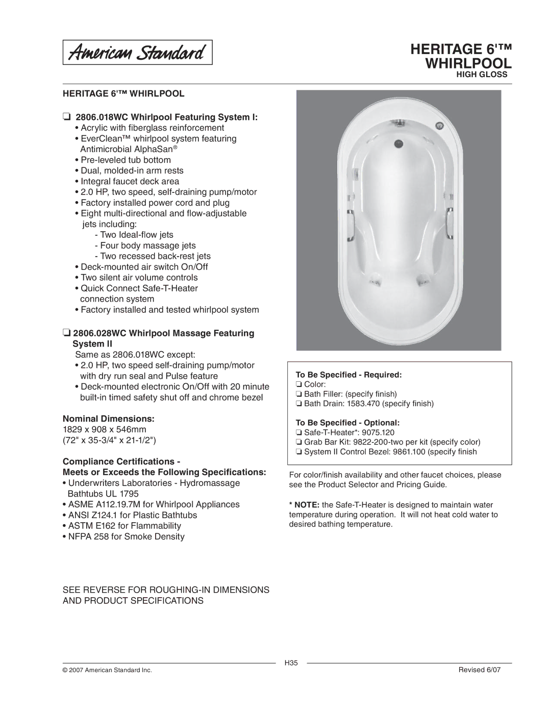 American Standard dimensions Heritage Whirlpool, Heritage 6 Whirlpool, 2806.018WC Whirlpool Featuring System 