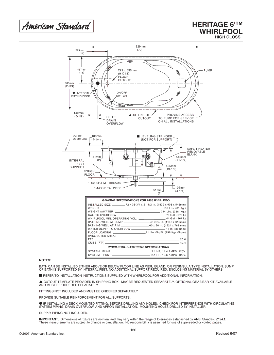 American Standard 2806.028WC, 2806.018WC Whirlpool Electrical Specifications, General Specifications for 2806 Whirlpool 