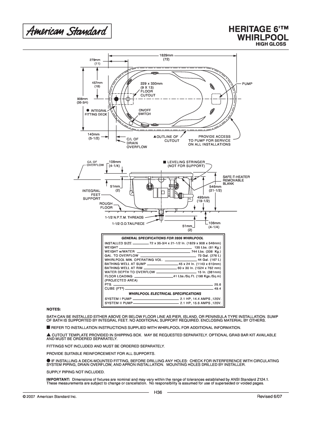 American Standard 2806.028WC, 2806.018WC Heritage Whirlpool, High Gloss, Revised 6/07, Whirlpool Electrical Specifications 