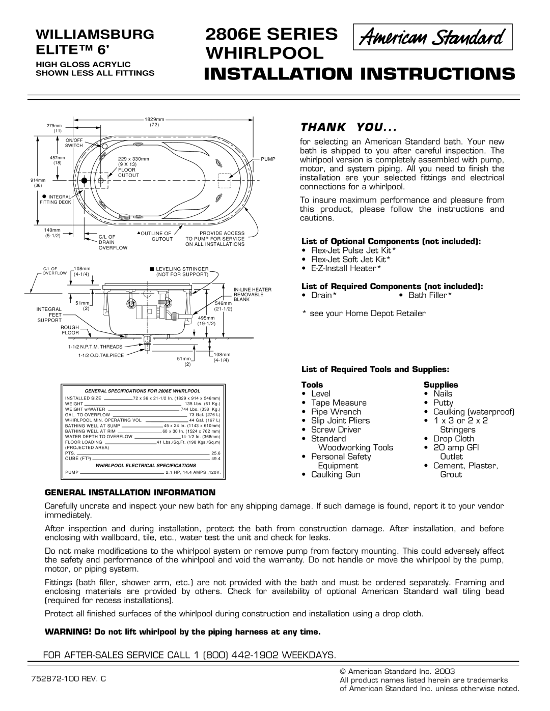 American Standard installation instructions 2806E Series Whirlpool Installation Instructions 