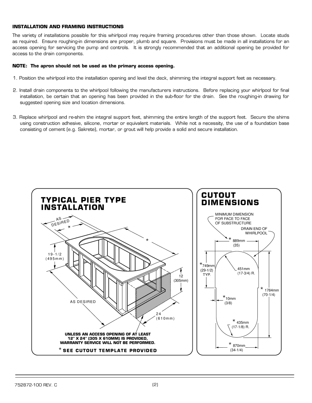 American Standard 2806E Typical Pier Type Installation Cutout Dimensions, Installation and Framing Instructions 