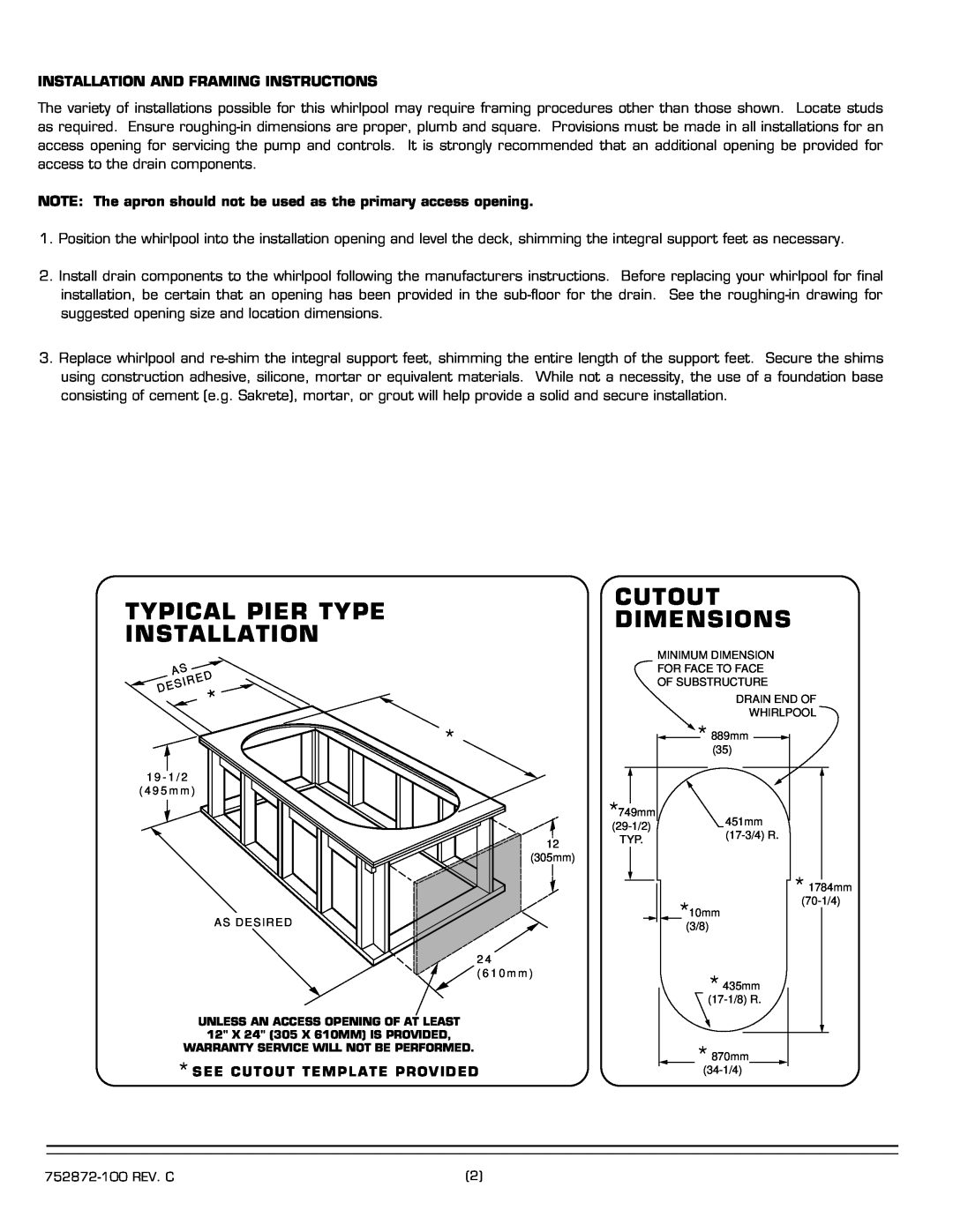 American Standard 2806E Typical Pier Type Installation, Cutout Dimensions, Installation And Framing Instructions 