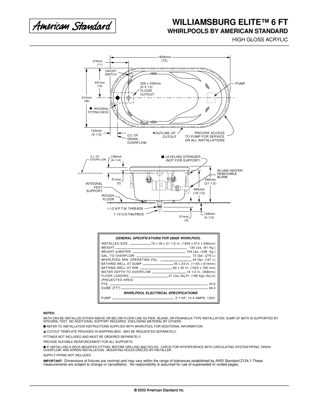 American Standard 2806EC WILLIAMSBURG ELITE 6 FT, Whirlpools By American Standard, CUBE FT3, American Standard Inc, Notes 