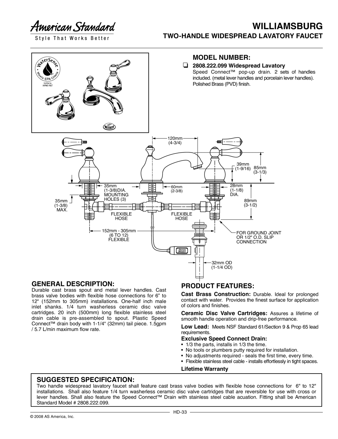 American Standard 2808.222.099 warranty TWO-HANDLE Widespread Lavatory Faucet Model Number, General Description 