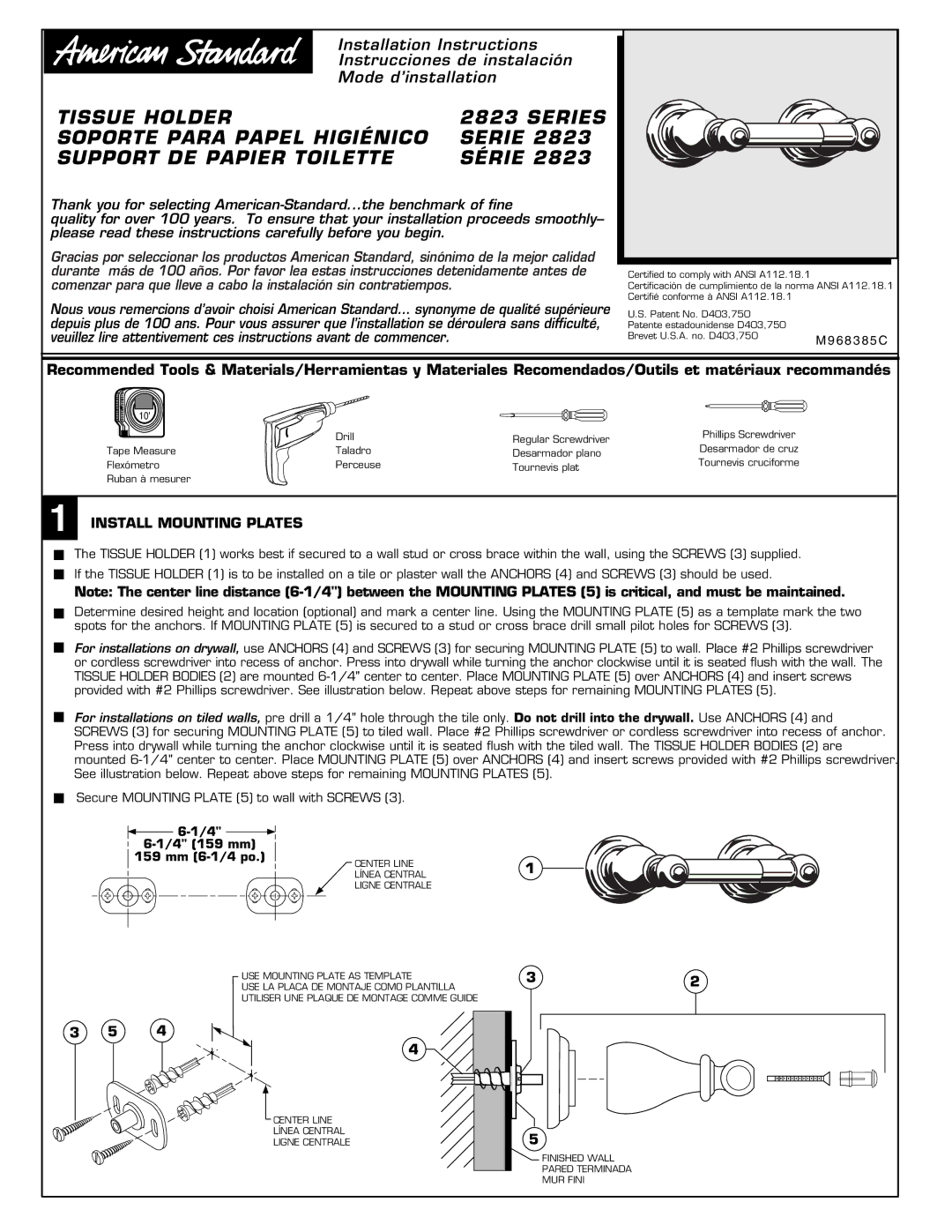 American Standard 2823 installation instructions Install Mounting Plates, 4 159 mm Mm 6-1/4 po 