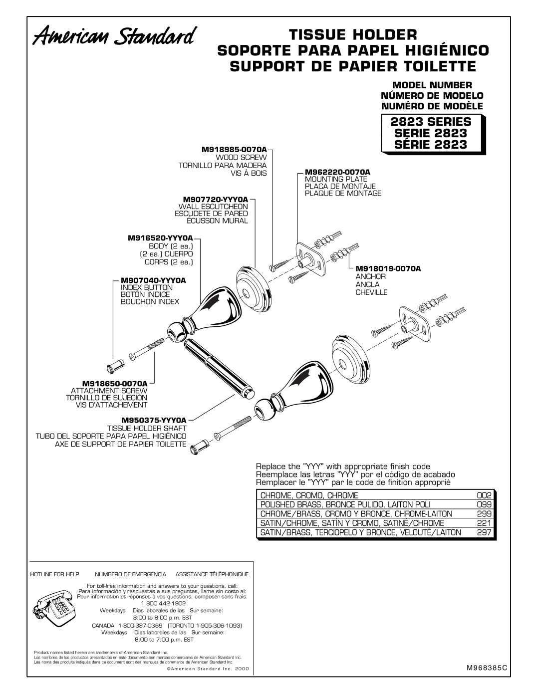 American Standard 2823 M918985-0070A, M907720-YYY0A, M916520-YYY0A, M907040-YYY0A, M918650-0070A, M950375-YYY0A 