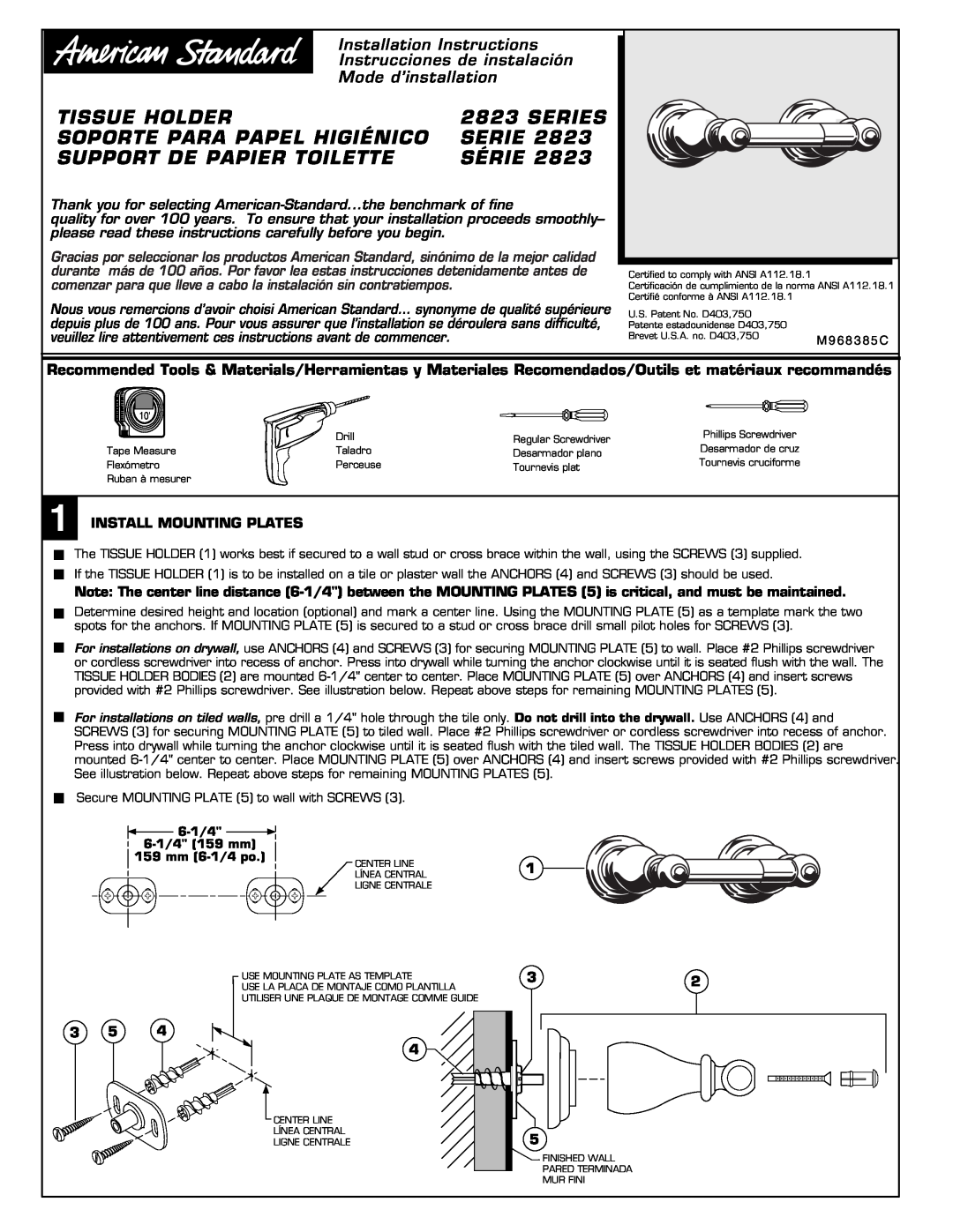 American Standard 2823 installation instructions Tissue Holder, Series, Soporte Para Papel Higiénico, Série 