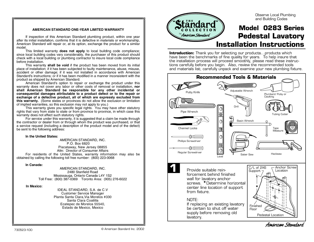 American Standard 283 installation instructions Pedestal Lavatory, Installation Instructions 