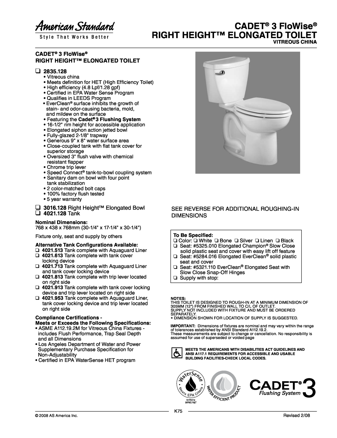 American Standard 3016.128 dimensions CADET 3 FloWise RIGHT HEIGHT ELONGATED TOILET, Vitreous China, Nominal Dimensions 