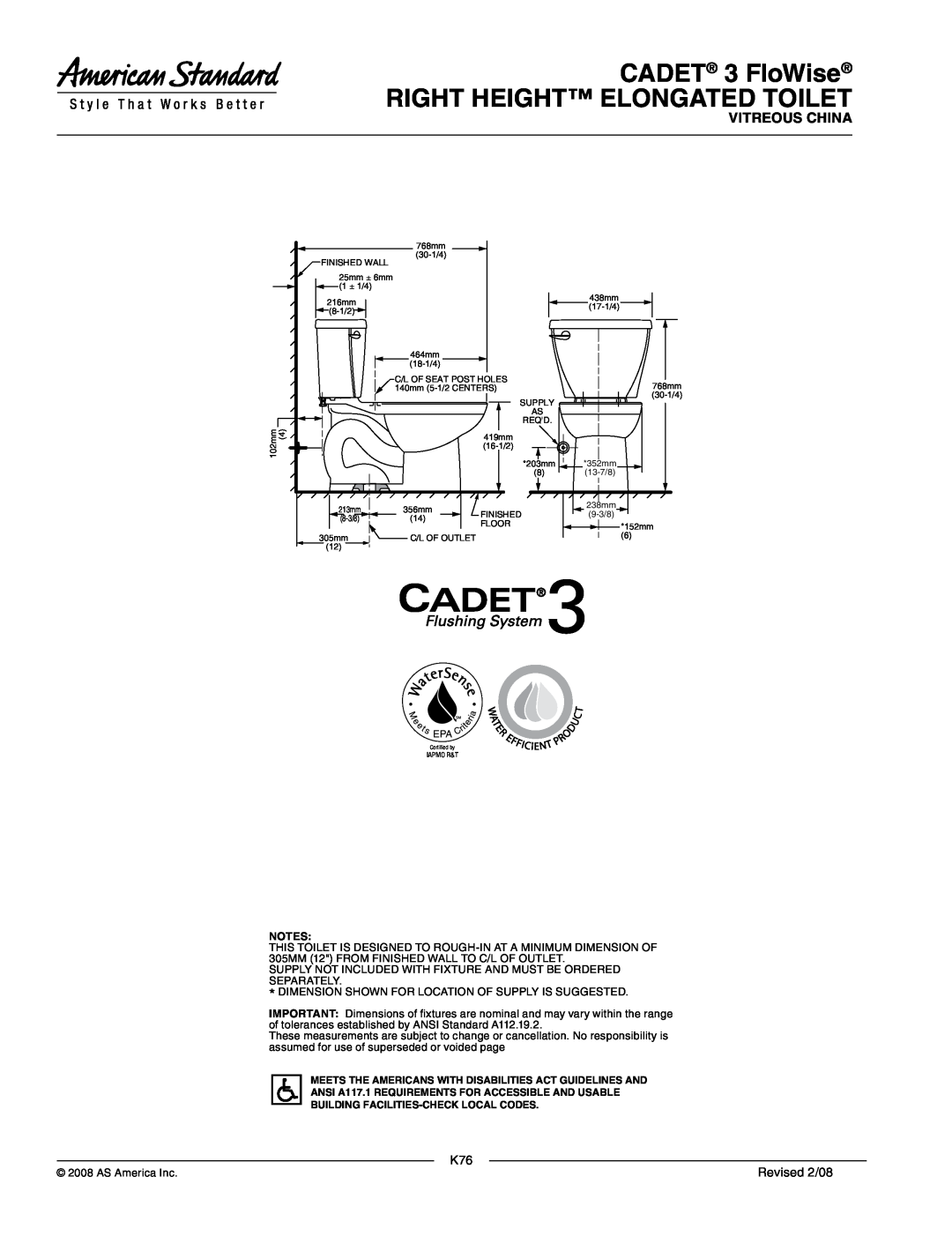 American Standard 2835.128, 3016.128 dimensions CADET 3 FloWise RIGHT HEIGHT ELONGATED TOILET, Vitreous China, Revised 2/08 
