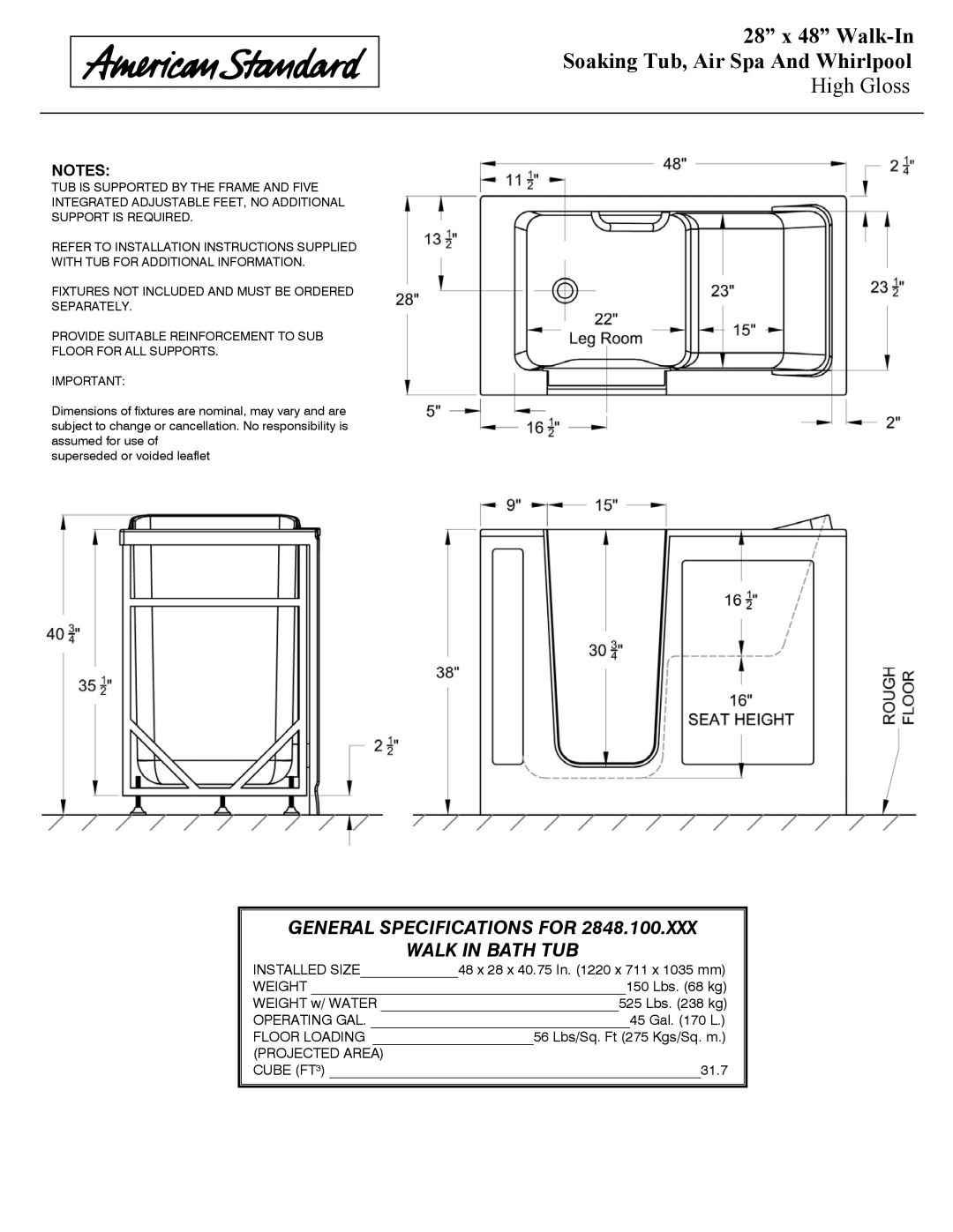 American Standard 2848.100.SXX dimensions General Specifications for Walk in Bath TUB 