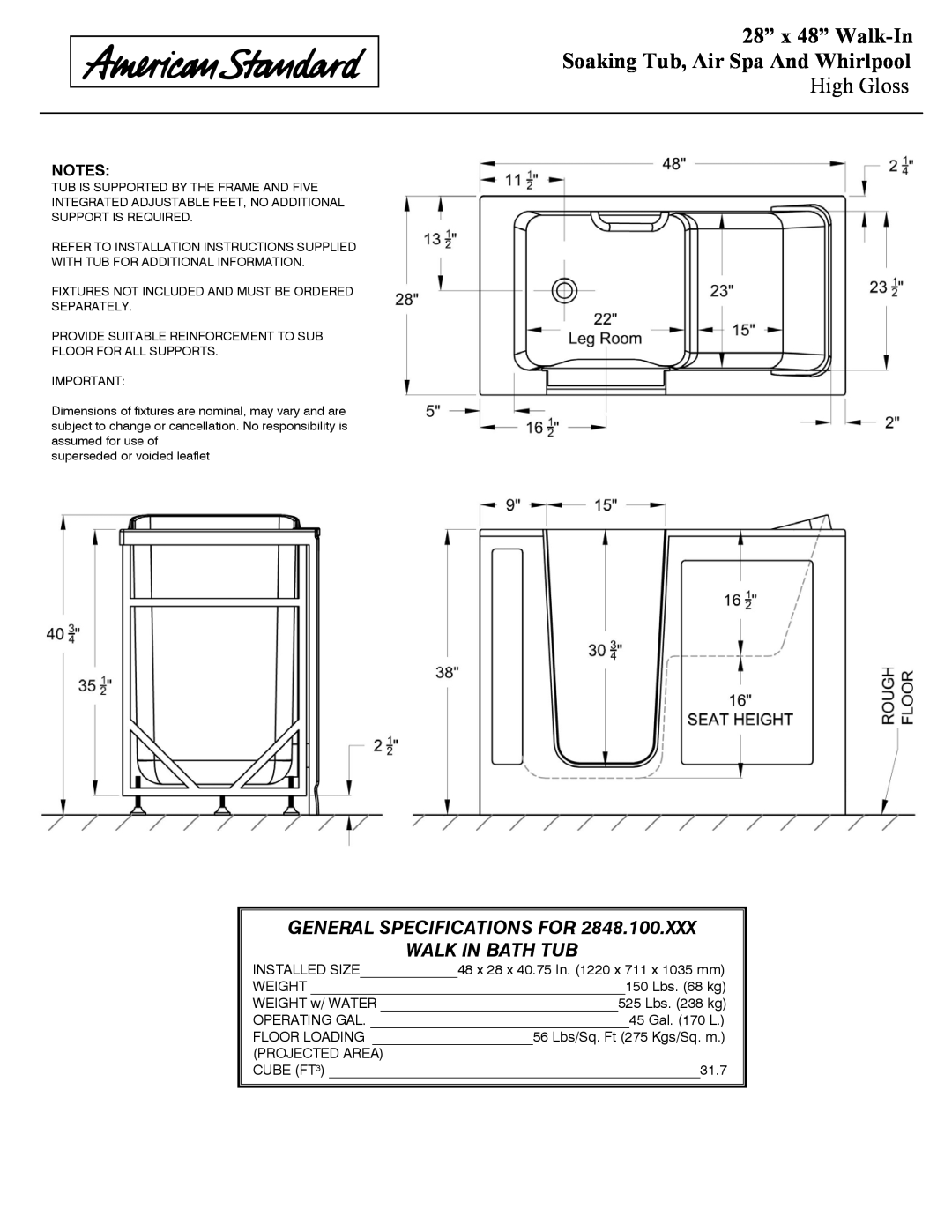 American Standard 2848.100.SXX dimensions 28” x 48” Walk-In, Soaking Tub, Air Spa And Whirlpool, High Gloss 