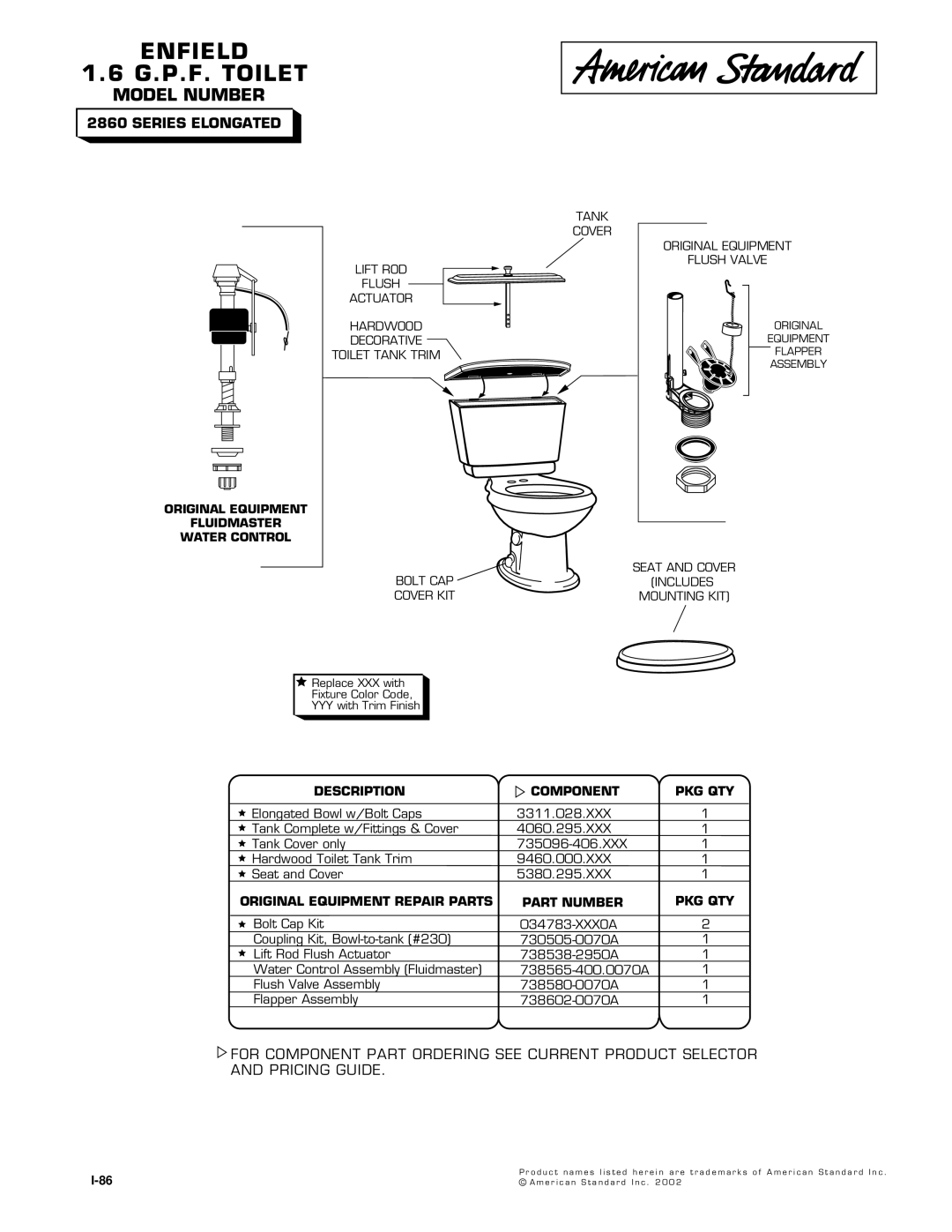 American Standard 2860 Series manual Enfield G.P.F. Toilet, Model Number, Series Elongated, Description Component PKG QTY 