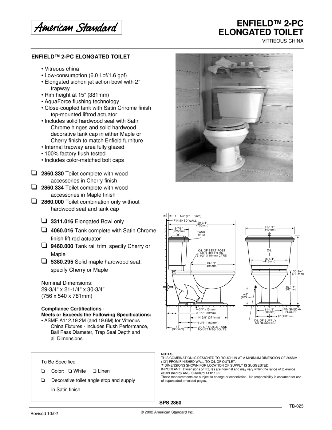 American Standard 2860.000 dimensions Enfield 2-PC Elongated Toilet 