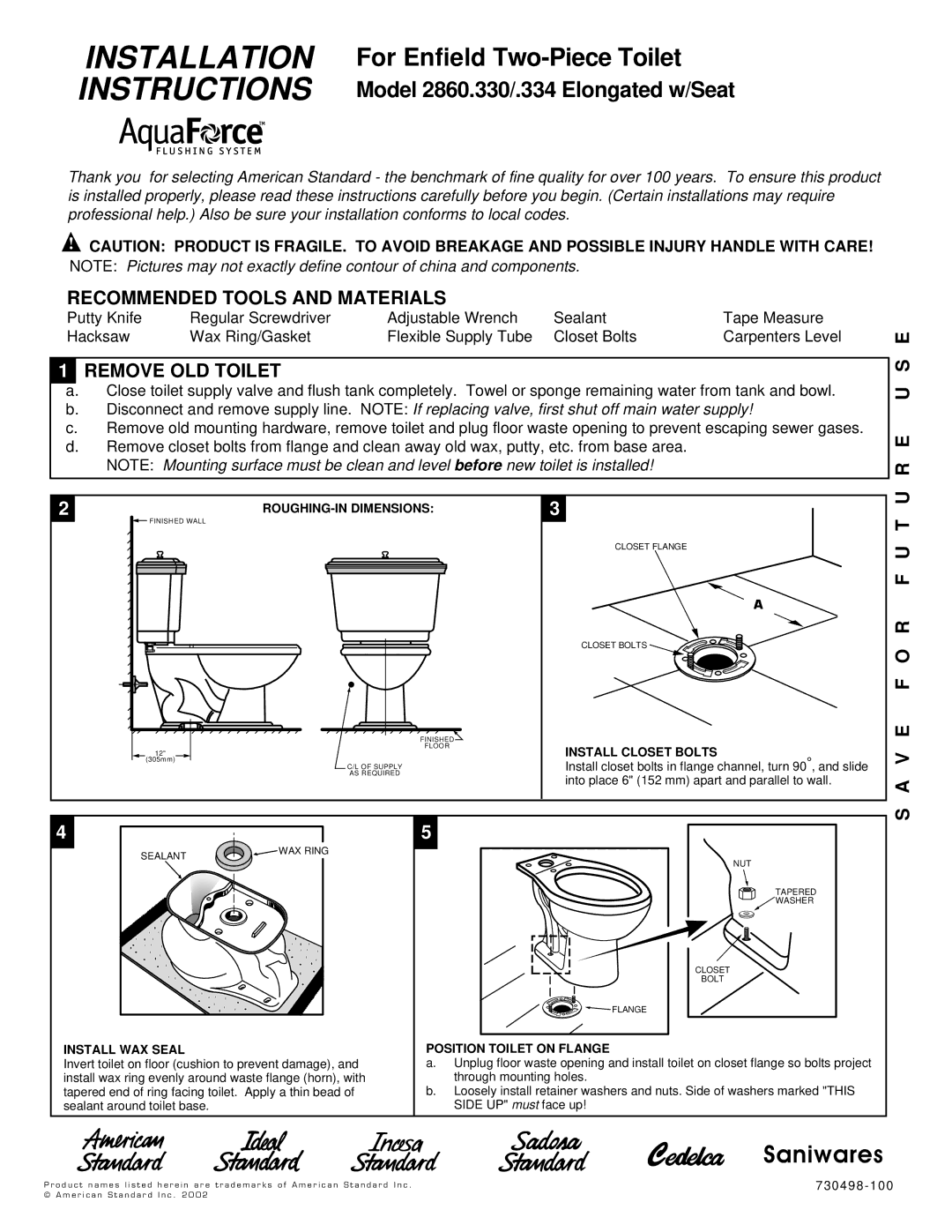 American Standard 2860.330, 2860.334 installation instructions Recommended Tools and Materials, Remove OLD Toilet, E U S E 