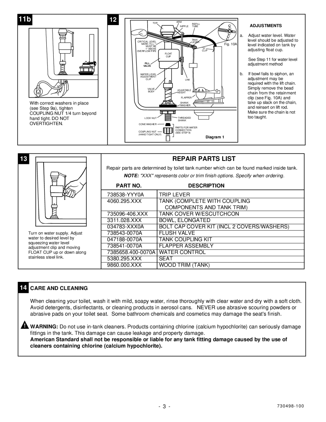 American Standard 2860.330, 2860.334 installation instructions Repair Parts List, Adjustments 