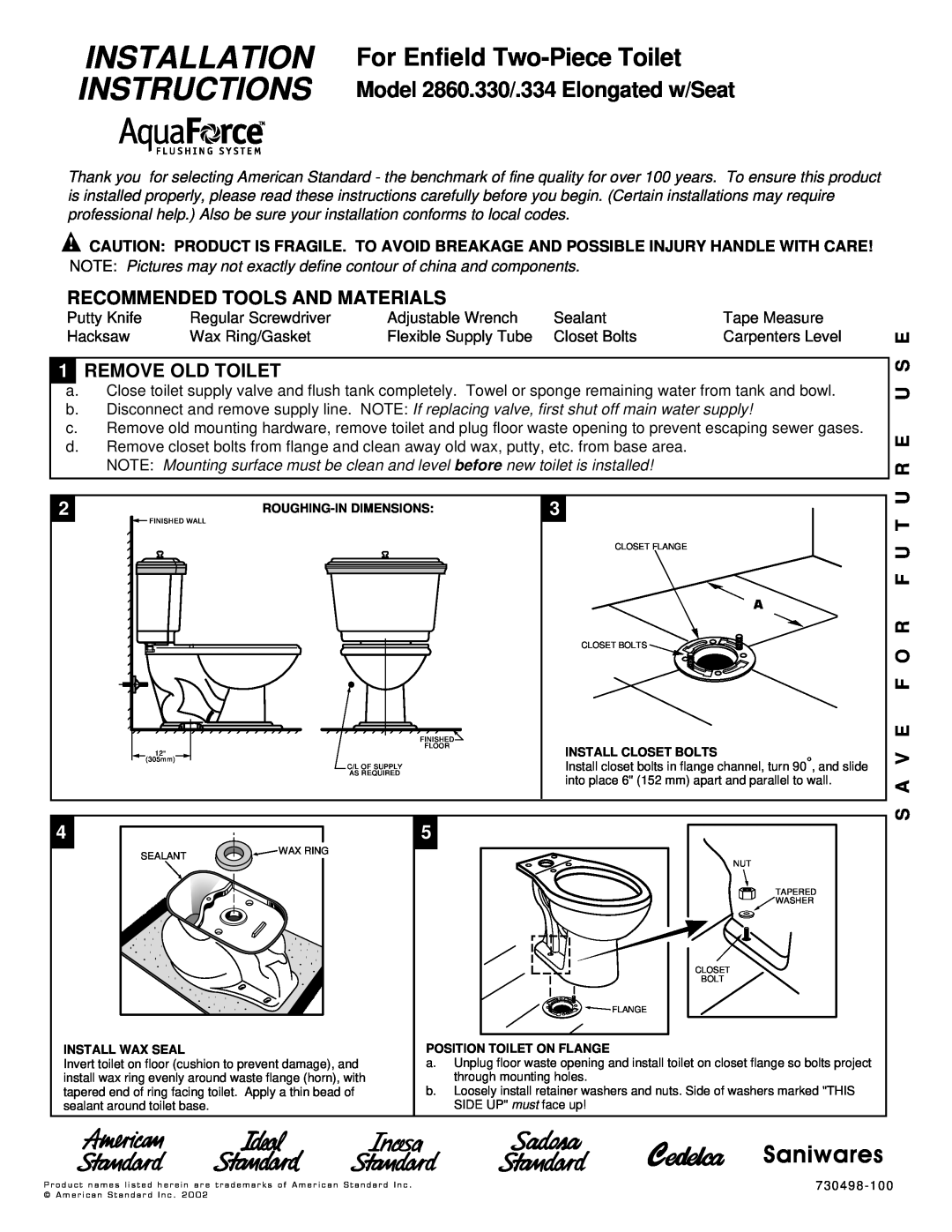 American Standard 2860.330 installation instructions Recommended Tools And Materials, 1REMOVE OLD TOILET, U R E U S E 