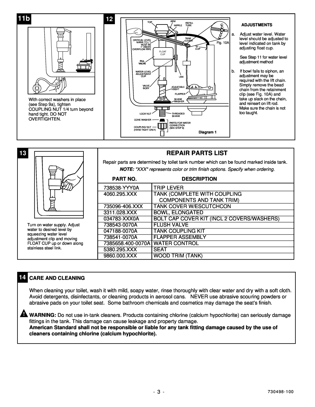 American Standard 2860.330, 2860.334 installation instructions Repair Parts List, Description, 14CARE AND CLEANING 