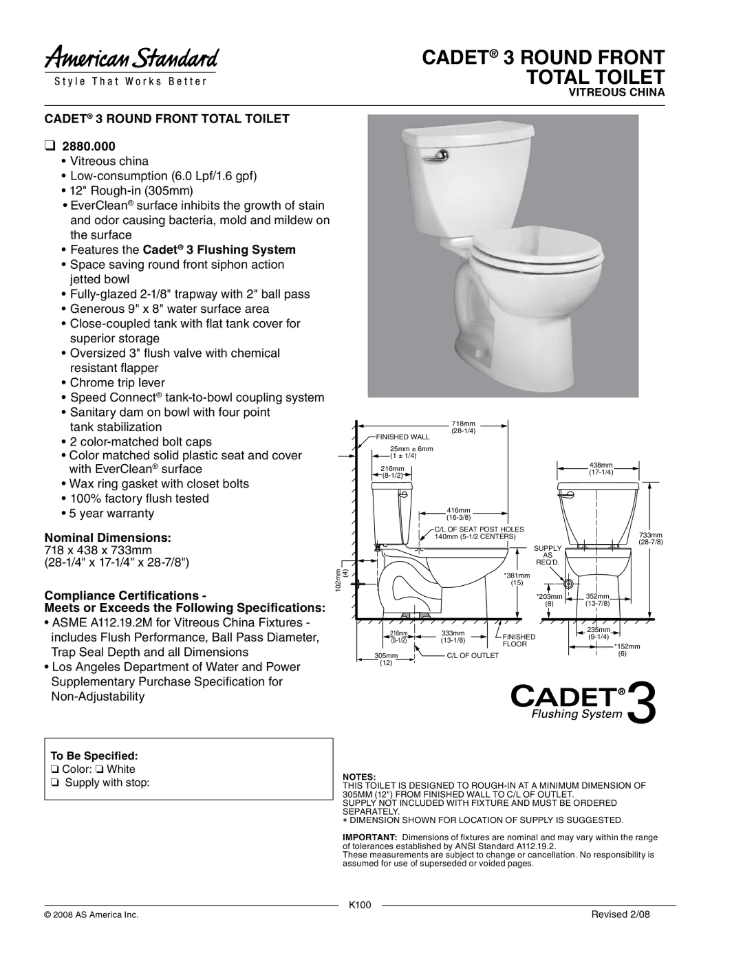 American Standard 2880.000 dimensions Cadet 3 Round Front Total Toilet, Features the Cadet 3 Flushing System 