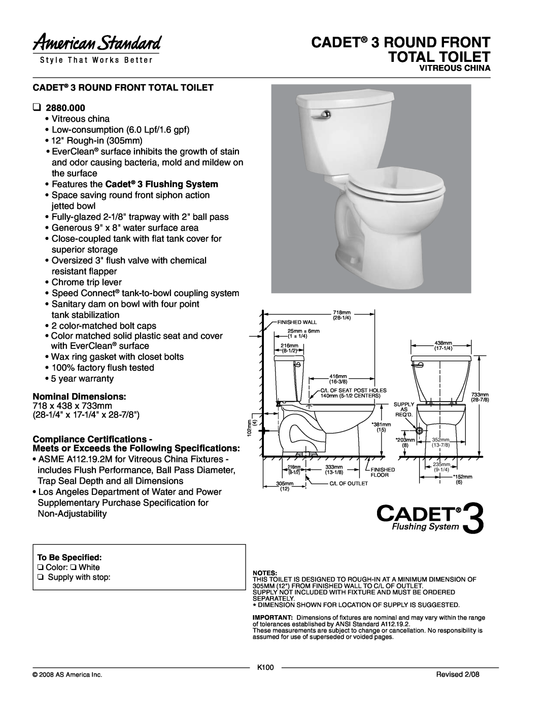 American Standard 2880.000 dimensions CADET 3 ROUND FRONT TOTAL Toilet, CADET 3 ROUND FRONT TOTAL TOILET 