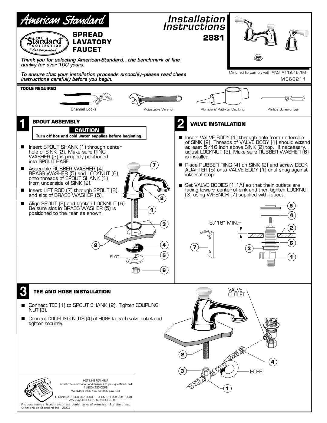 American Standard 2881 installation instructions Spout Assembly, Valve Installation, TEE and Hose Installation Valve 