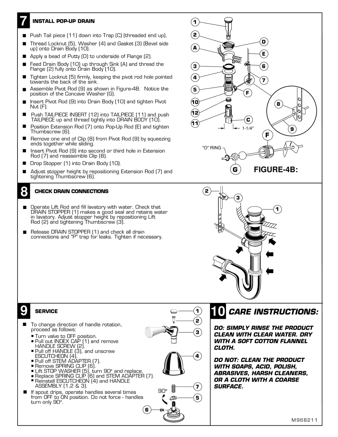 American Standard 2881 installation instructions Install POP-UP Drain, Check Drain Connections, Service 