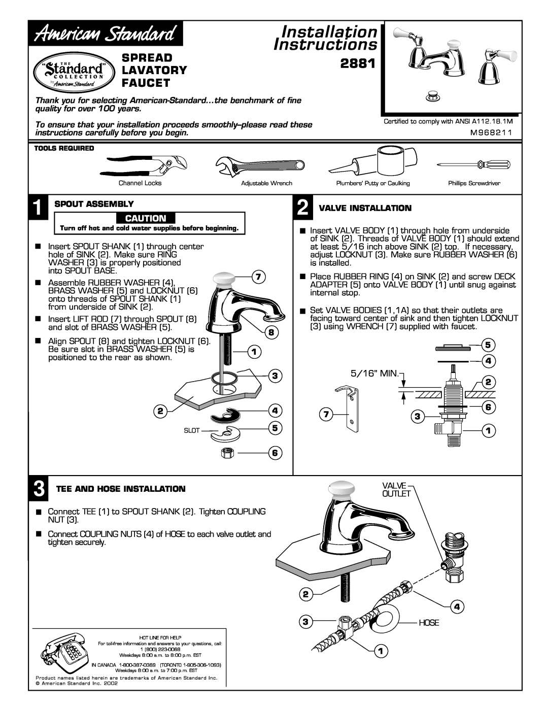 American Standard 2881 installation instructions Installation Instructions, Spread, Lavatory, Faucet, Spout Assembly 