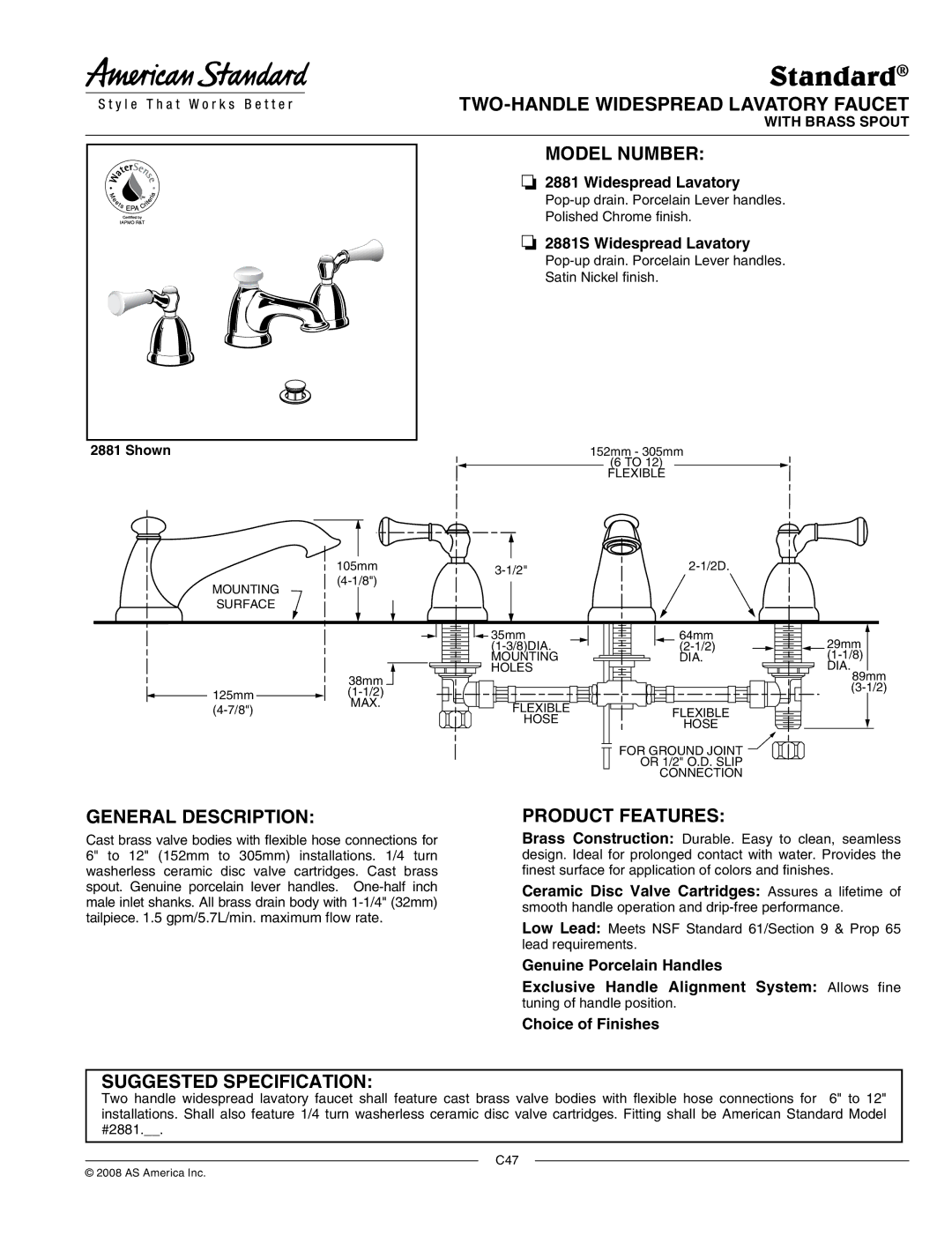 American Standard 2881S manual Standard 