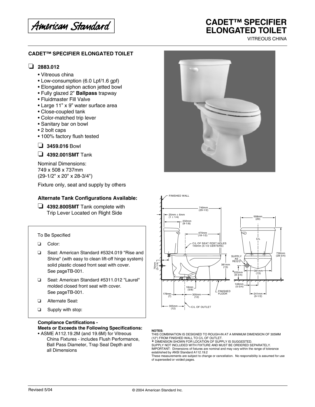 American Standard 4392.800SMT dimensions Cadet Specifier Elongated Toilet, 2883.012, Bowl 4392.001SMT Tank 