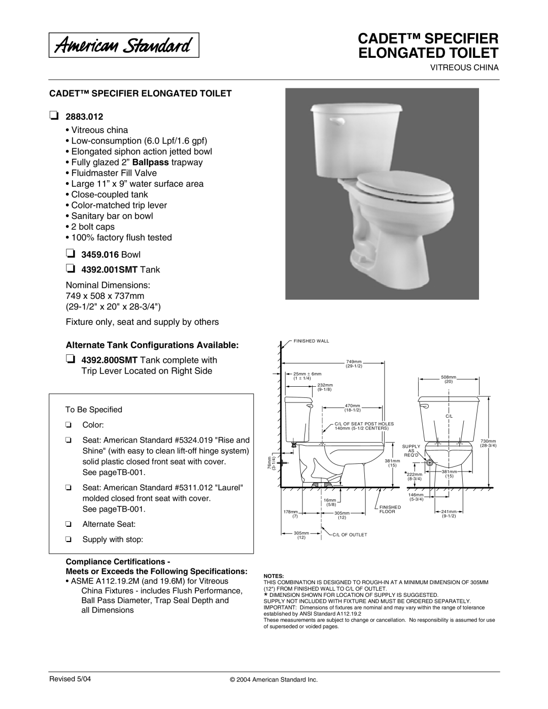 American Standard 4392.800SMT, 2883.012 dimensions Cadet Specifier Elongated Toilet, Bowl 4392.001SMT Tank 
