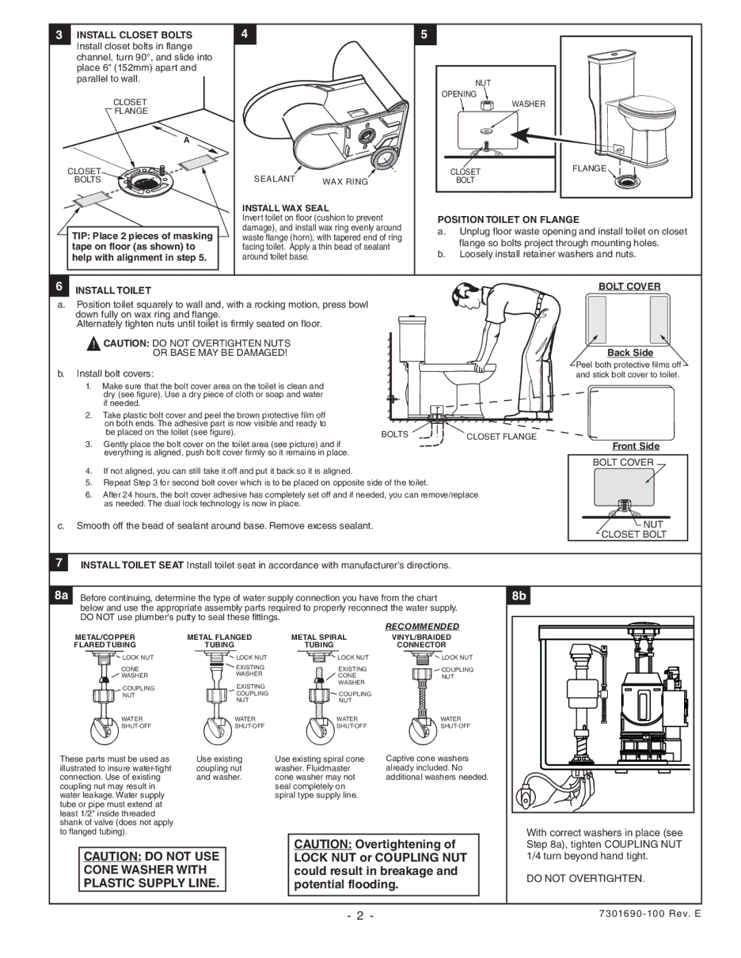 American Standard 2891 Cone Washer with Plastic Supply Line, Position Toilet on Flange, Install Toilet, Bolt Cover 