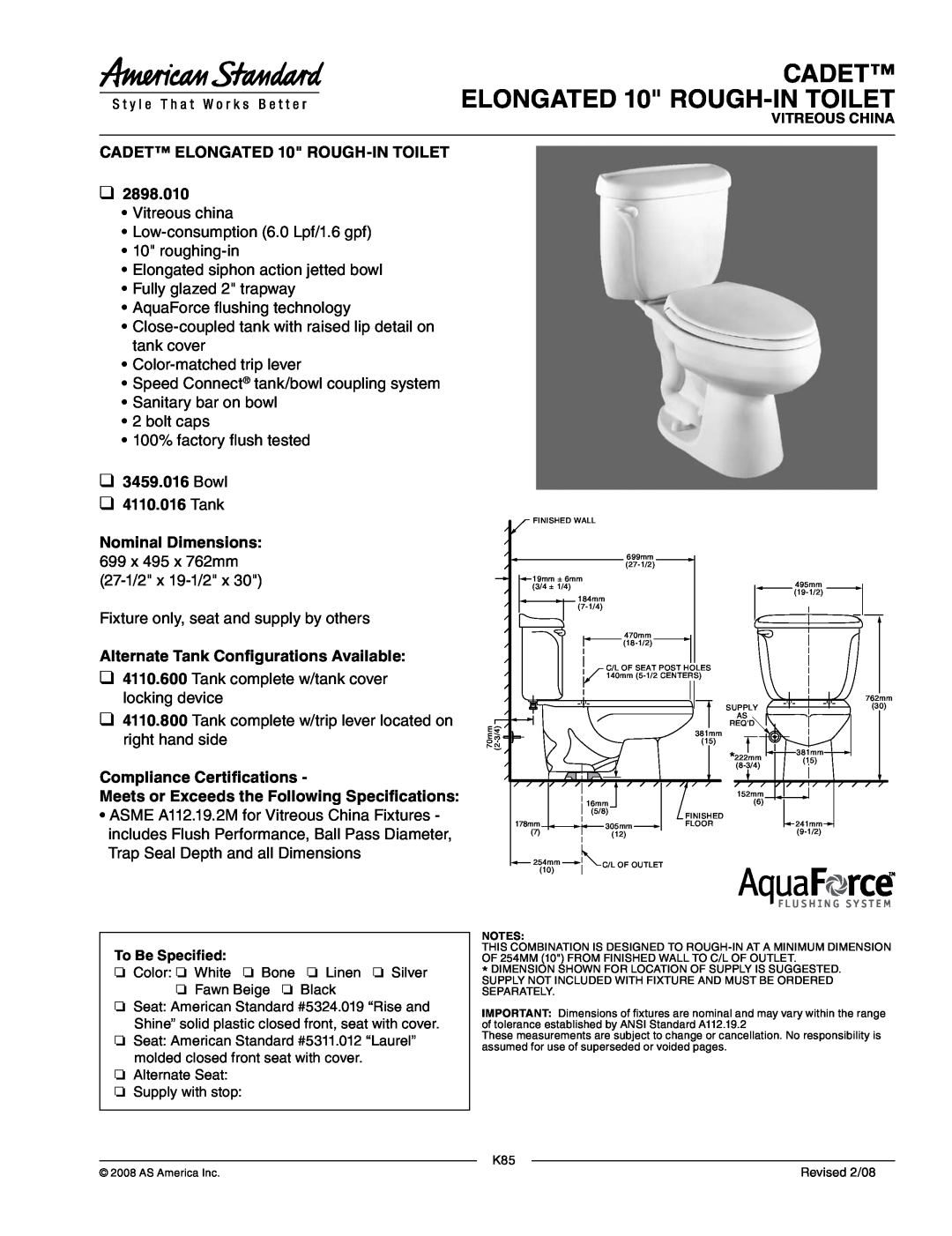 American Standard 4110.600 dimensions CADET ELONGATED 10 ROUGH-INTOILET, Bowl 4110.016 Tank, Compliance Certifications 