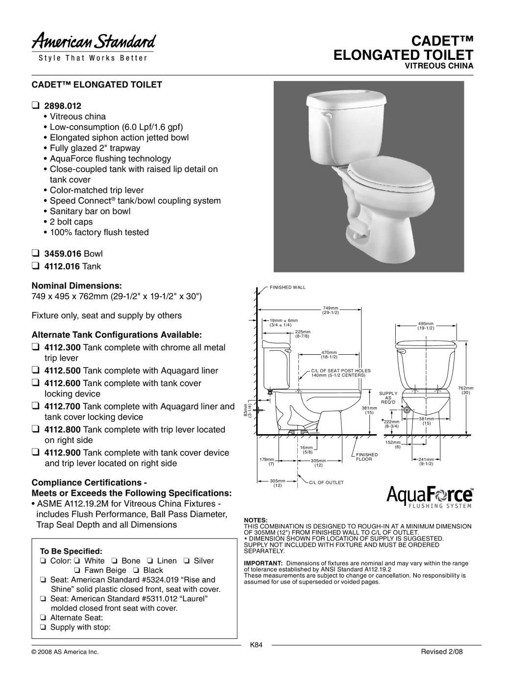 American Standard 2898.012 dimensions Cadet Elongated Toilet, Bowl Tank Nominal Dimensions 