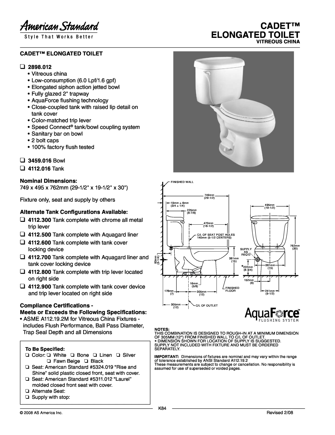 American Standard 2898.012 dimensions Cadet Elongated Toilet, Bowl 4112.016 Tank Nominal Dimensions 
