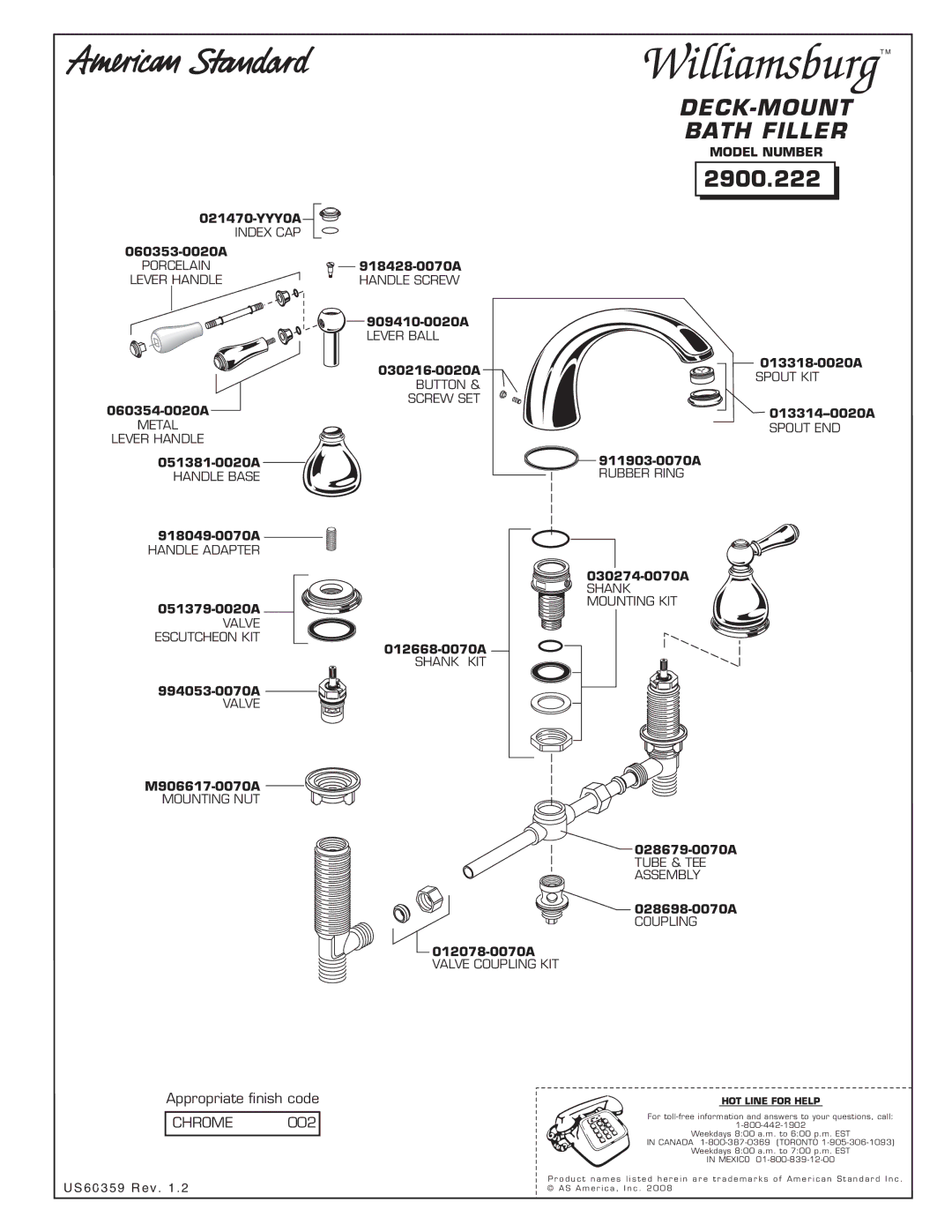 American Standard 2900.222 manual Deck-Mount, Bath Filler, Chrome, US60359 Rev 