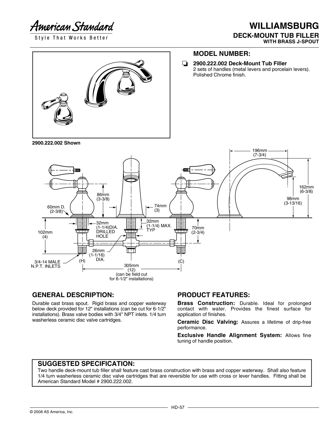 American Standard 2900.222.002 manual DECK-MOUNT TUB Filler, Model Number, General Description, Product Features 