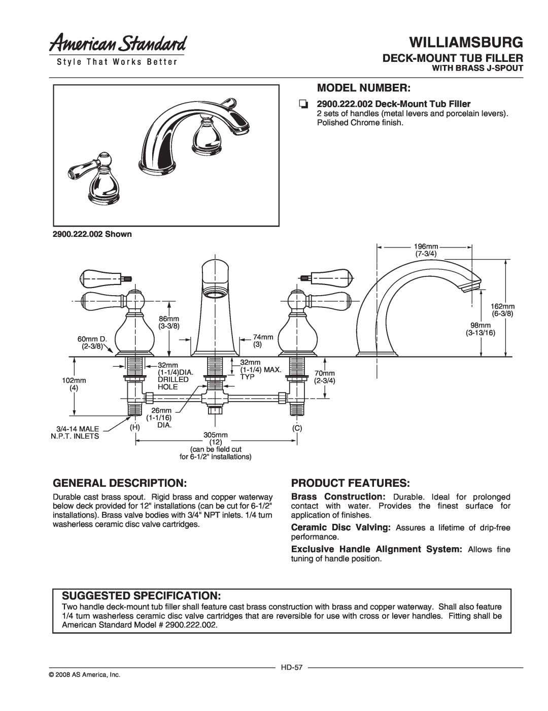 American Standard 2900.222.002 manual Williamsburg, Deck-Mounttub Filler, Model Number, General Description, Shown 