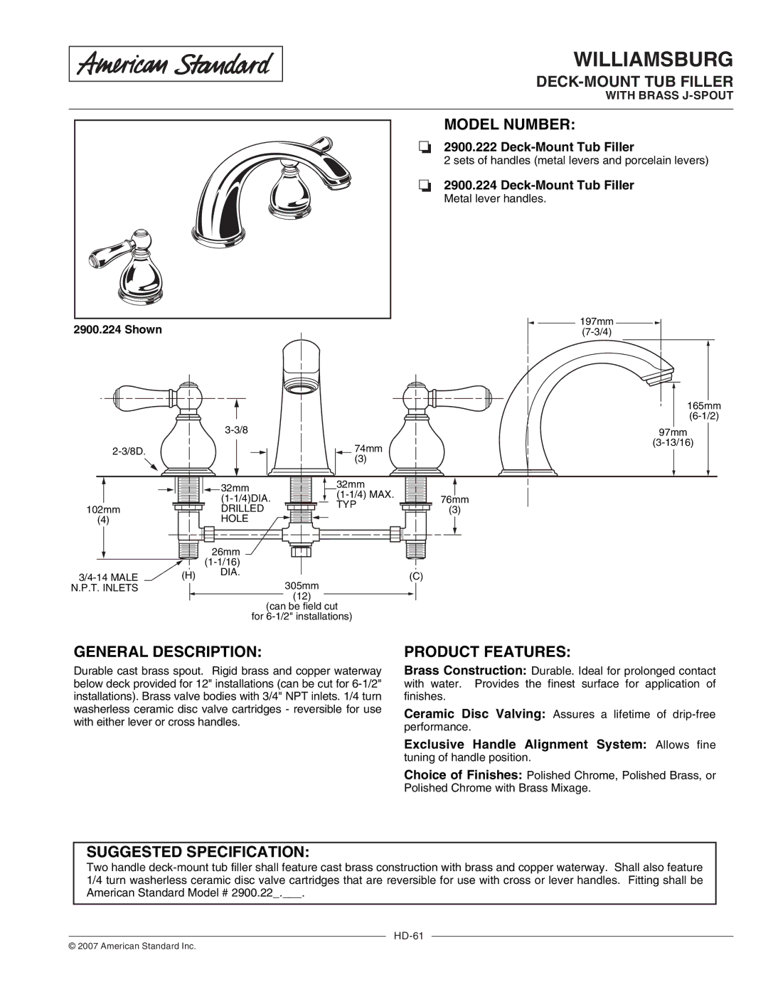 American Standard 2900.224 manual /6.#&3, %&4$3*15*0/, 130%6$5&563&4, 46&45&%41&$**$5*0/ 