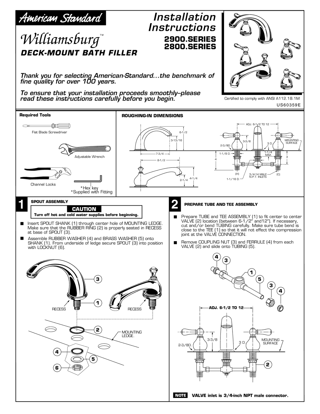 American Standard 2800.SERIES, 2900.SERIES installation instructions Williamsburg 