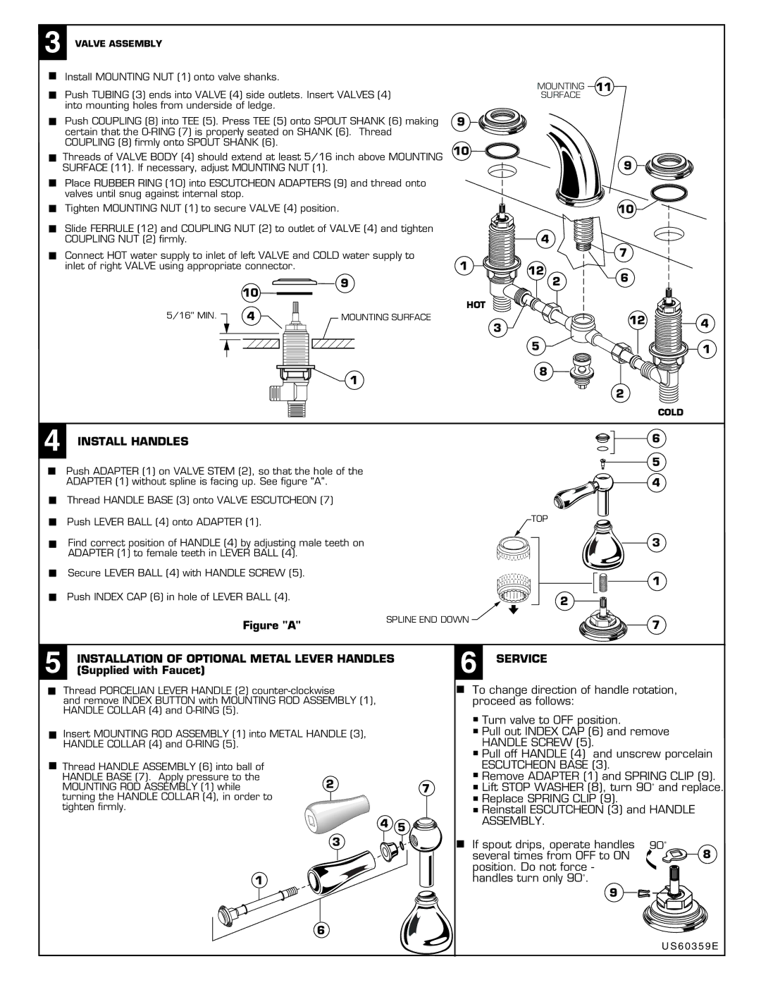 American Standard 2900.SERIES, 2800.SERIES Install Handles, Installation of Optional Metal Lever Handles, Service 