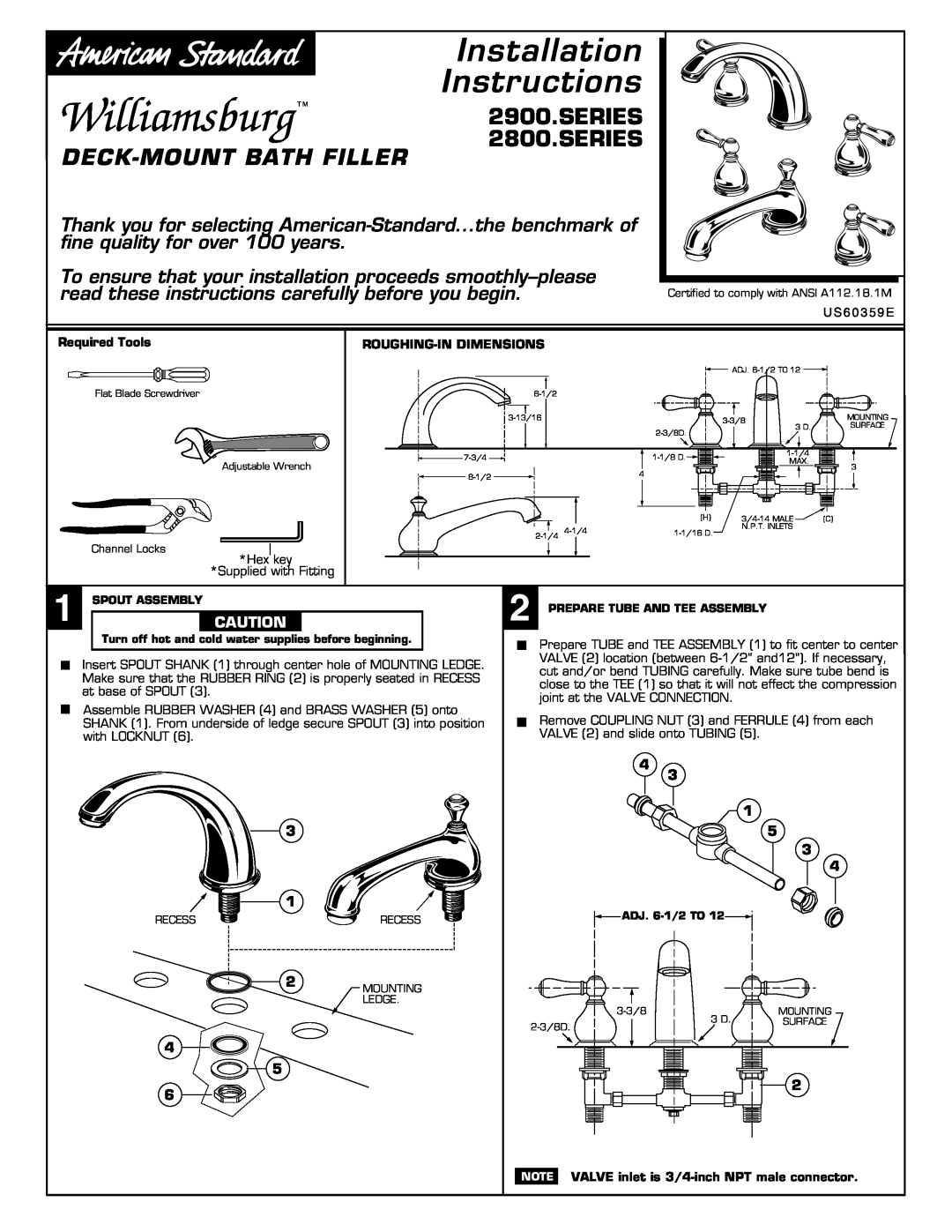 American Standard 2800.SERIES installation instructions Deck-Mountbath Filler, Williamsburg, Installation Instructions 