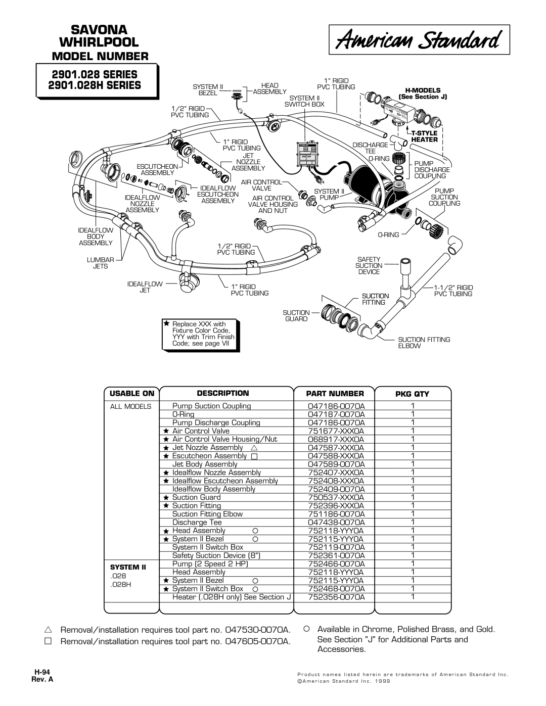 American Standard 2901.028 Series manual Savona Whirlpool, Model Number, Series 2901.028H Series, Rev. a 