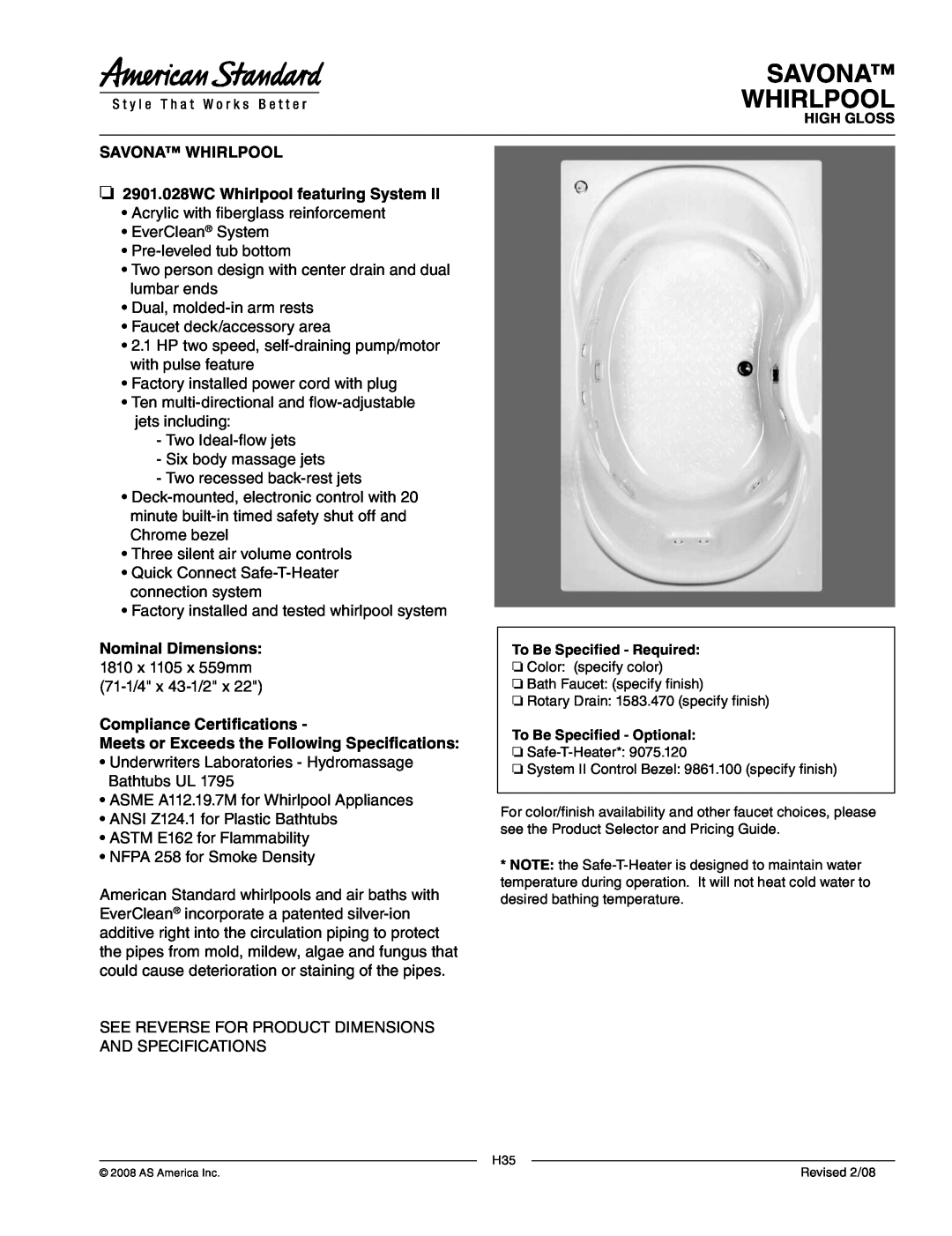 American Standard 9861.100 dimensions Savona Whirlpool, SAVONA WHIRLPOOL 2901.028WC Whirlpool featuring System 