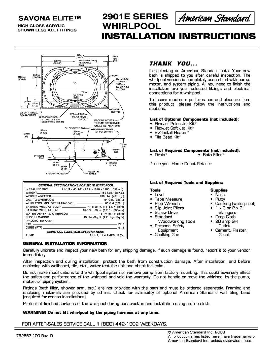 American Standard installation instructions 2901E SERIES WHIRLPOOL, Installation Instructions, Savona Elite, Thank You 